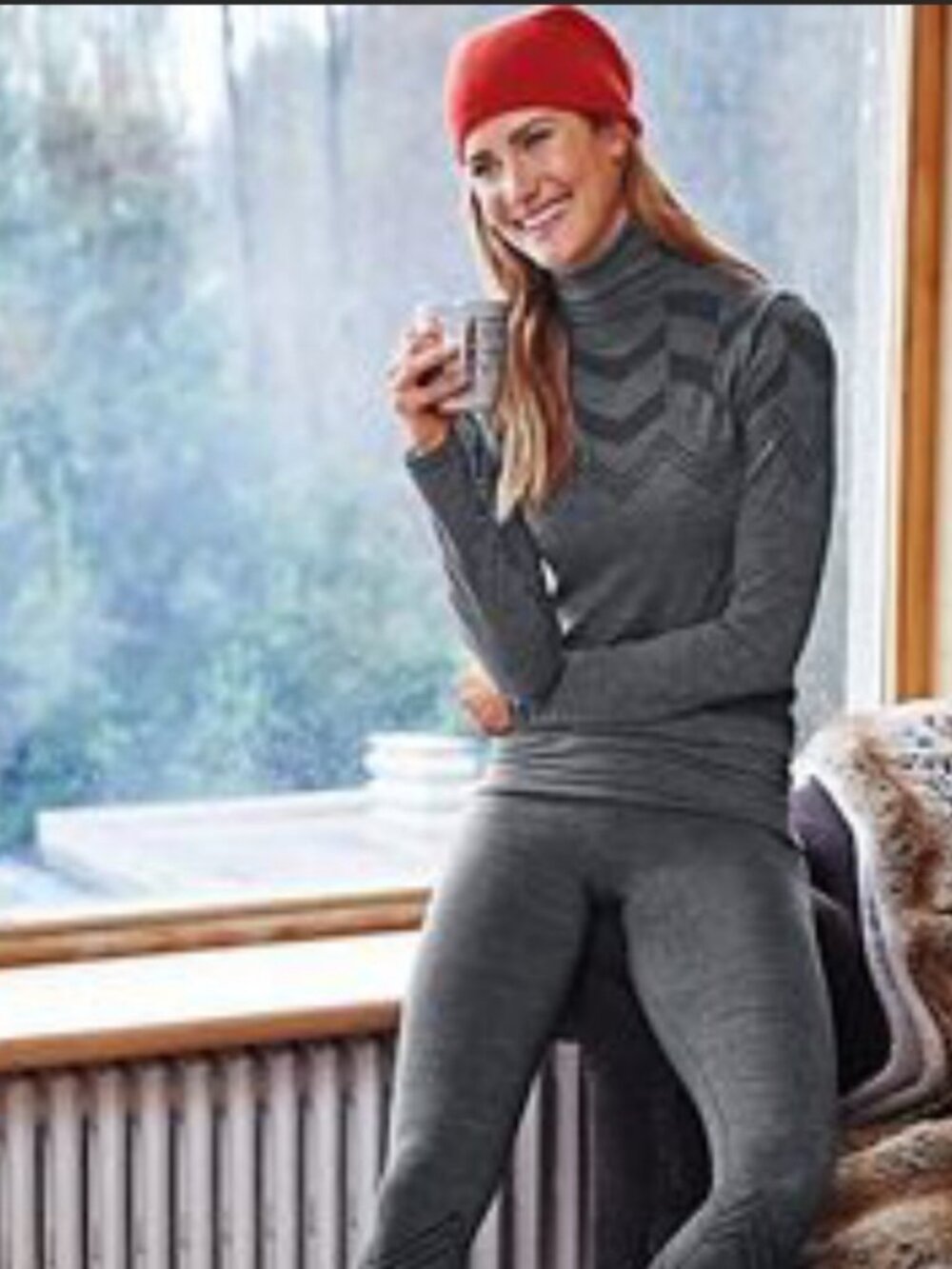 ATHLETA Remarkawool Chevron Mock Neck Top Womens Large Gray Base Layer Wool